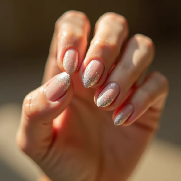 Unhas almond curtas com glitter prata delicado