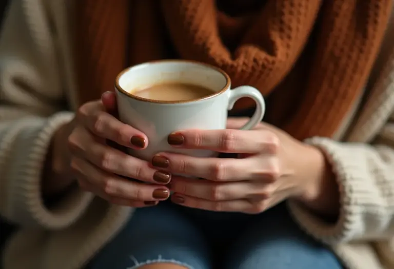 Unhas cor mocha mousse em mãos femininas segurando xícara de café em cenário aconchegante de outono