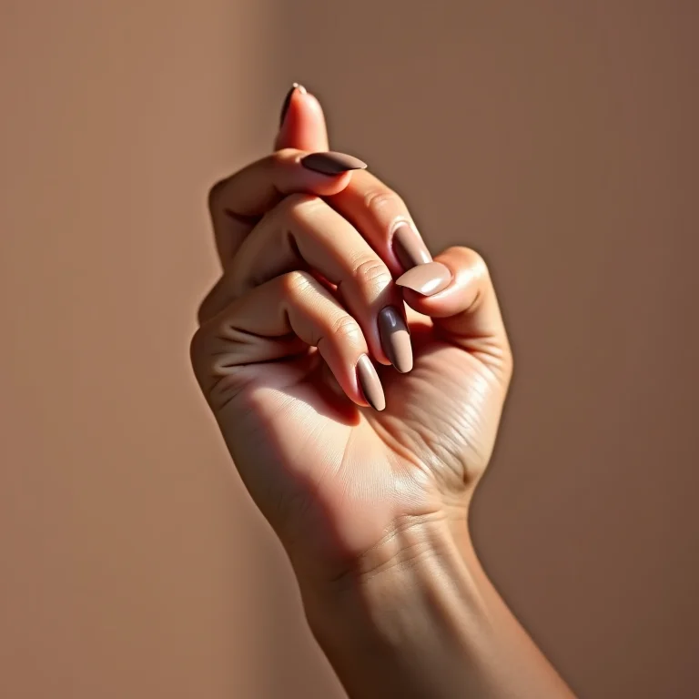 Unhas lisas cor mocha mousse em fundo minimalista