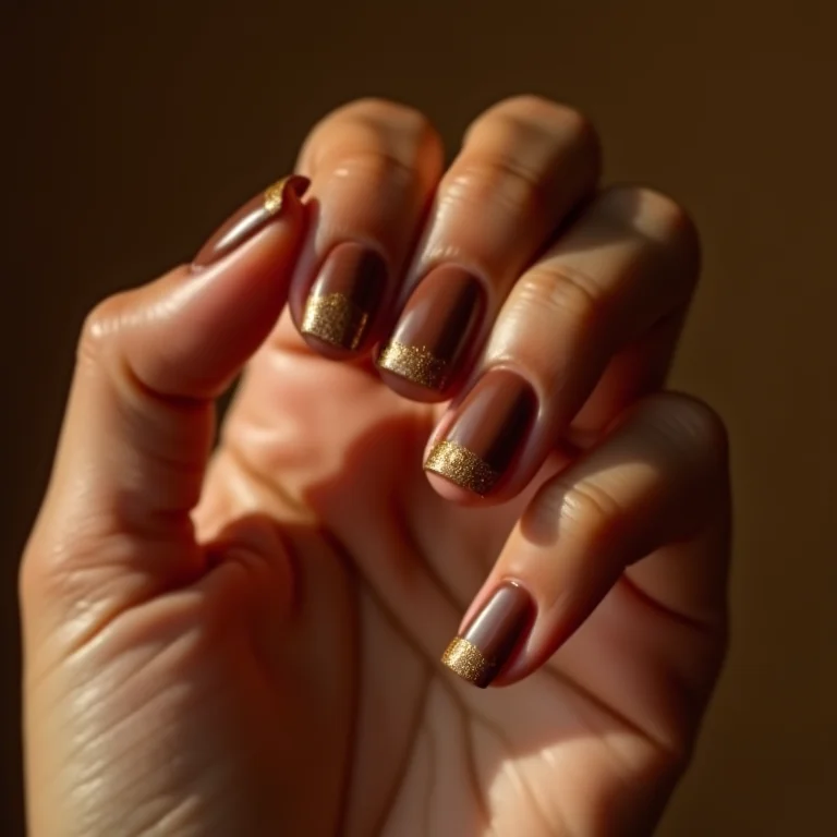Unhas mocha mousse com detalhes delicados em dourado