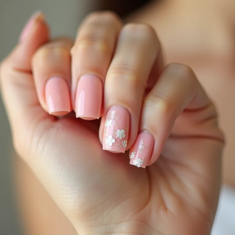Unhas rosa bebê com detalhes em branco