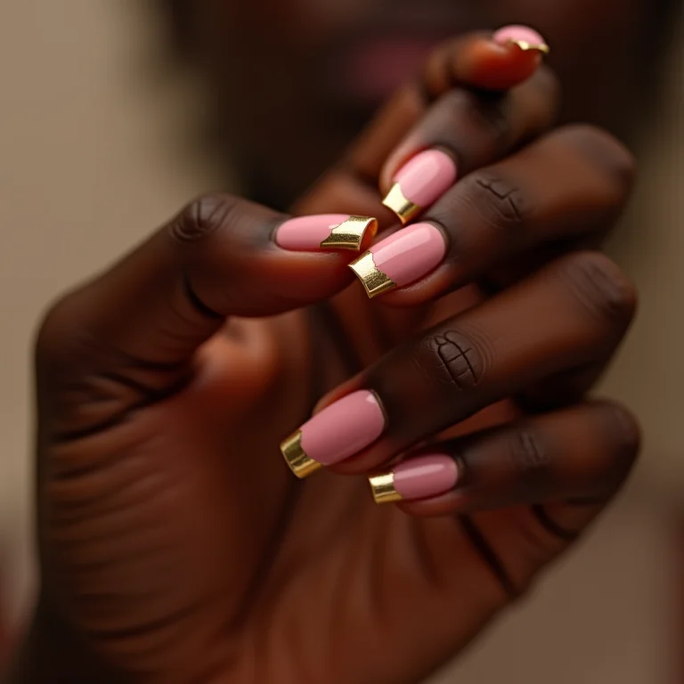 Unhas rosa com francesinha dourada