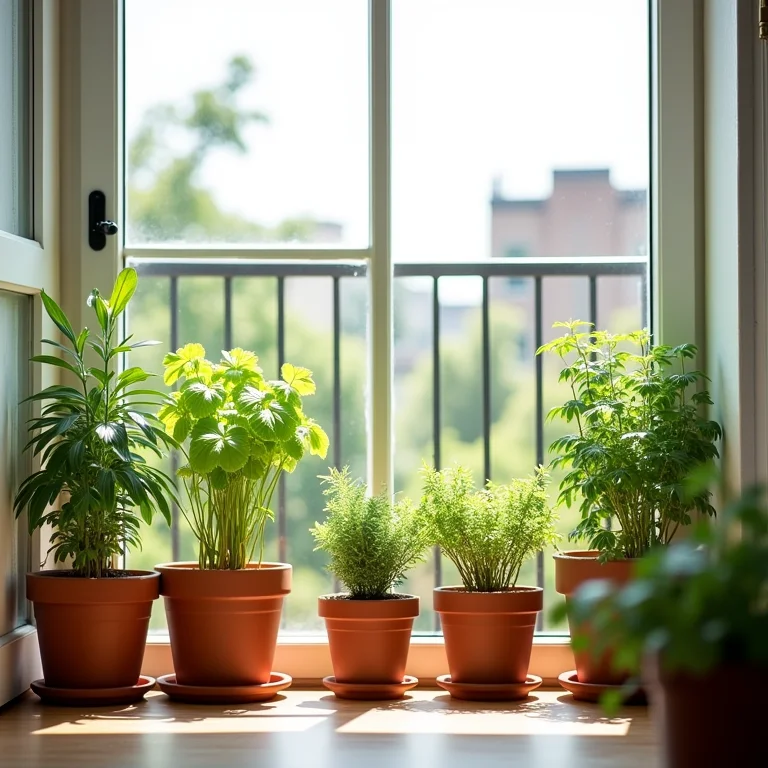 Varanda de apartamento ensolarada transformada em uma horta.