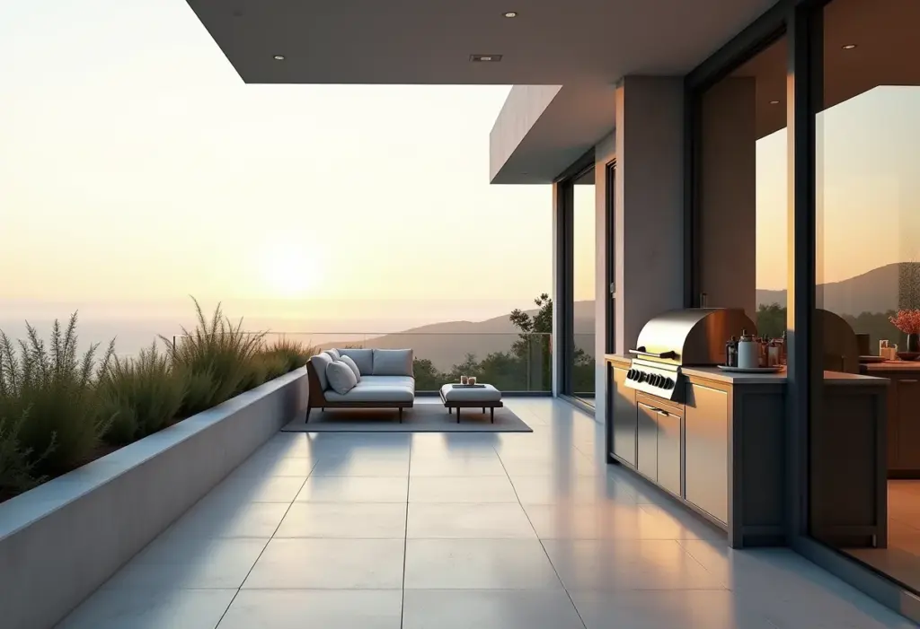 Varanda gourmet moderna com churrasqueira de vidro.