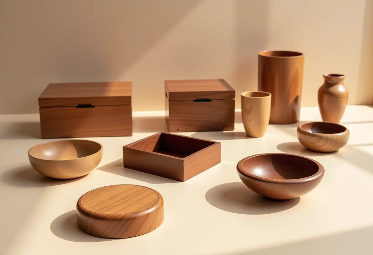 Variedade de objetos de madeira com diferentes acabamentos de verniz