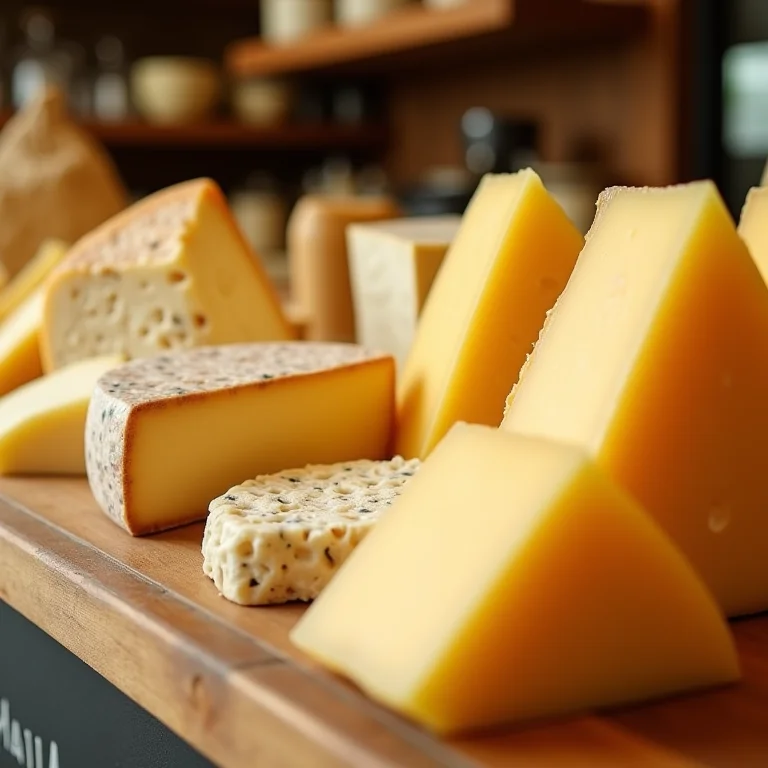Variedade de queijos finos em uma queijaria.