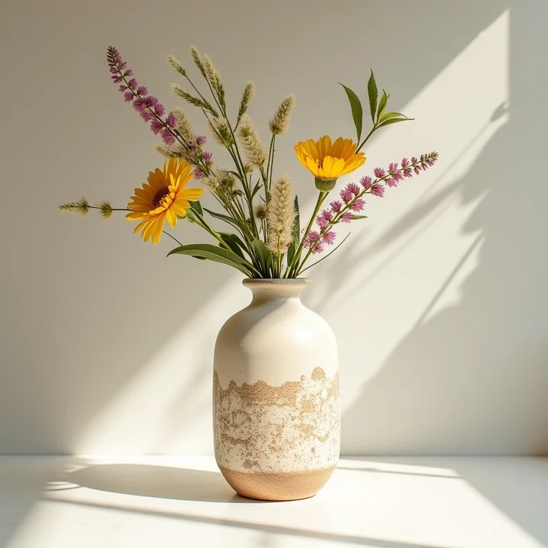 Vaso de cerâmica artesanal com flores silvestres