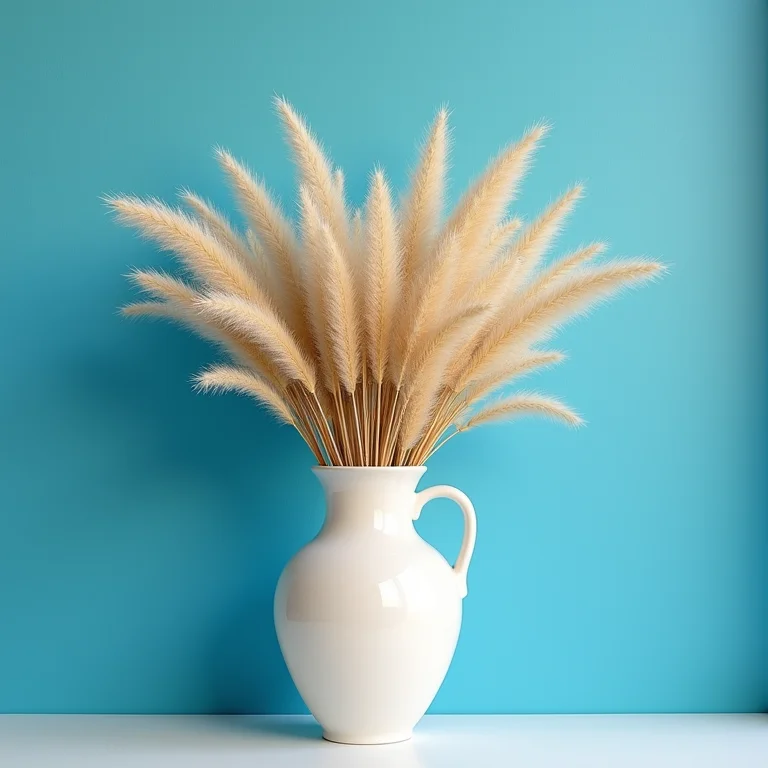 Vaso de cerâmica com capim dos pampas em frente a parede azul atlântico.