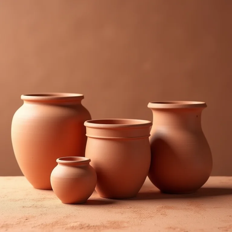 Vasos de argila terracota de vários tamanhos.