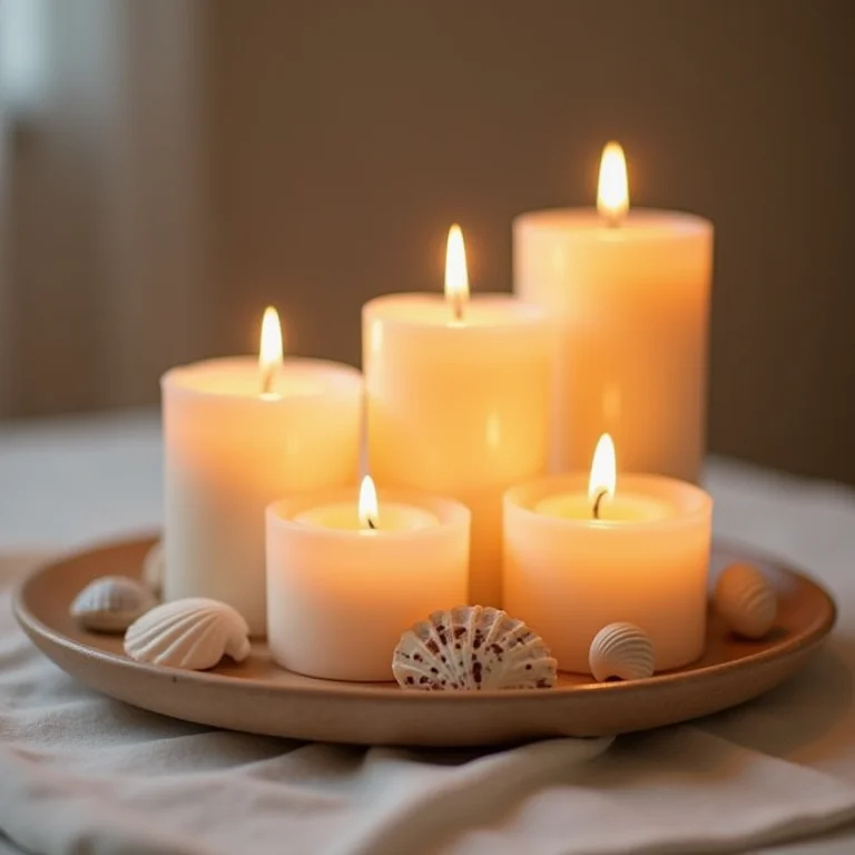 Velas decoradas com conchas em uma mesa