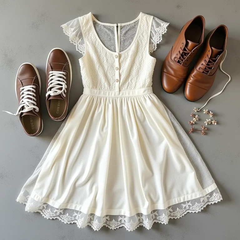 Vestido de renda e tênis em composição delicada e moderna