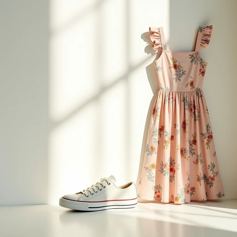 Vestido estampado floral e tênis branco em uma composição minimalista