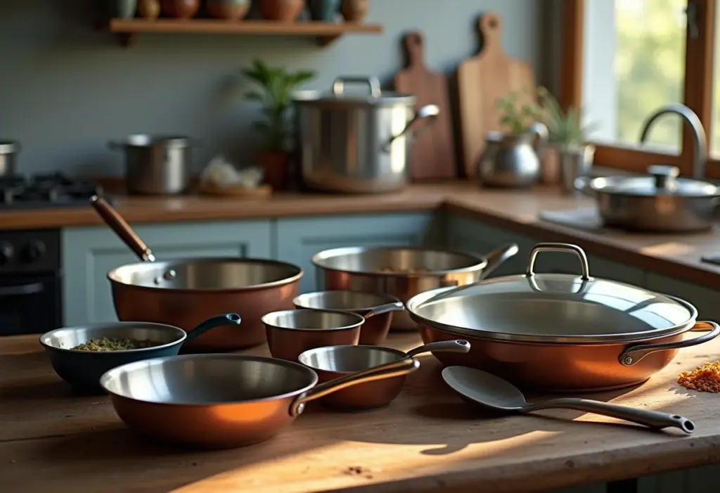 Visão geral de diversos tipos de panelas em um ambiente de cozinha.
