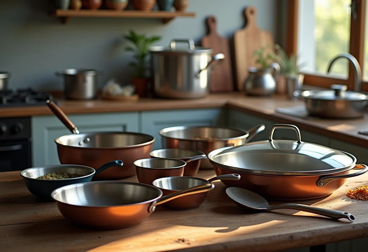 Visão geral de diversos tipos de panelas em um ambiente de cozinha.
