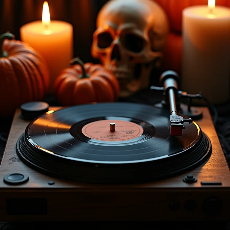 Vitrola vintage tocando vinil em ambiente com decoração de Halloween