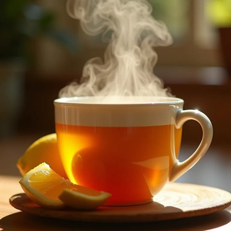Xícara de chá de gengibre fumegante com limão e mel.