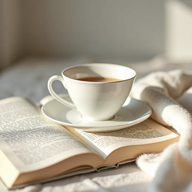 Xícara de chá e livro em ambiente aconchegante
