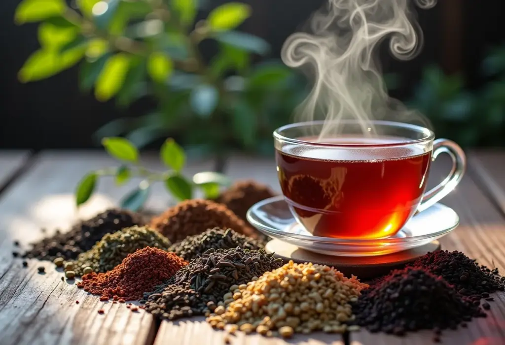 Xícaras de chá e ervas em uma mesa de madeira rústica