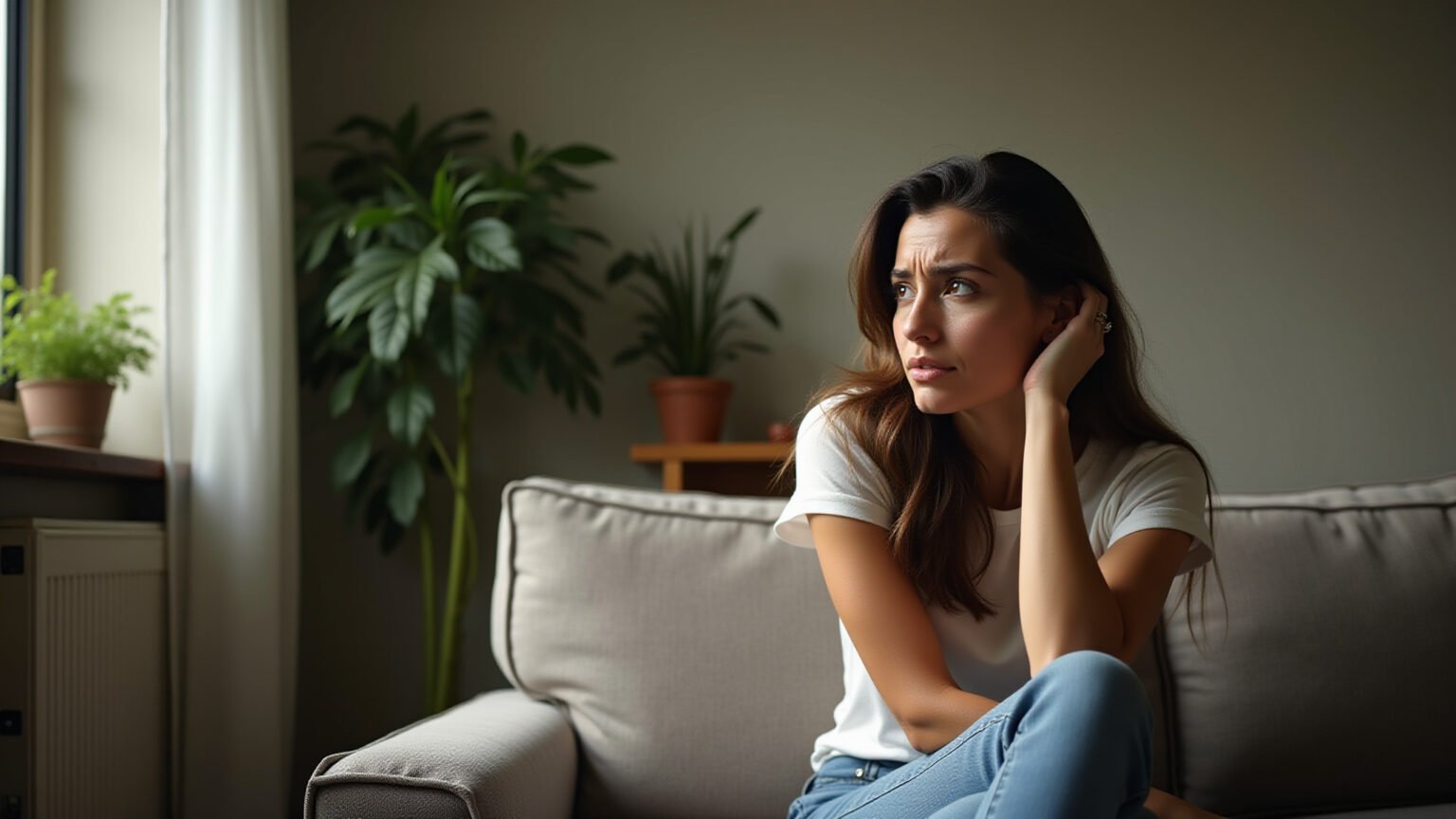 Mulher brasileira preocupada sentada sozinha em um sofá.